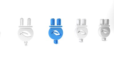 Blue Electric saving plug in leaf icon isolated on white background. Save energy electricity. Environmental protection. Bio energy. Minimalism concept. 3D render illustration