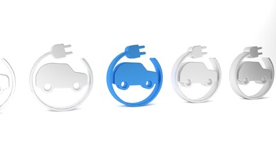 Blue Electric car and electrical cable plug charging icon isolated on white background. Renewable eco technologies. Minimalism concept. 3D render illustration