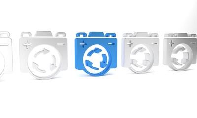 Blue Battery with recycle symbol icon isolated on white background. Battery with recycling symbol - renewable energy concept. Minimalism concept. 3D render illustration