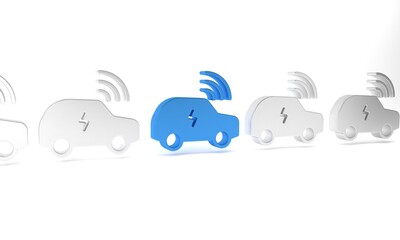 Blue Smart car system with wireless connection icon isolated on white background. Remote car control. Minimalism concept. 3D render illustration