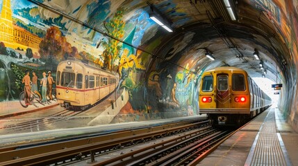 Obraz premium Journey Through Time Vibrant Murals Transforming a Tunnel into a Transport Wonderland