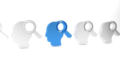 Blue Magnifying glass for search a people icon isolated on white background. Recruitment or selection. Search for employees and job. Minimalism concept. 3D render illustration