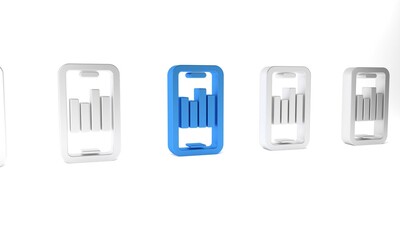 Blue Mobile phone with graph chart icon isolated on white background. Report text file. Accounting sign. Audit, analysis, planning. Minimalism concept. 3D render illustration