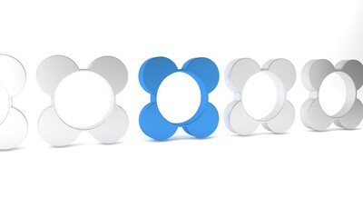 Blue Molecule icon isolated on white background. Structure of molecules in chemistry, science teachers innovative educational poster. Minimalism concept. 3D render illustration