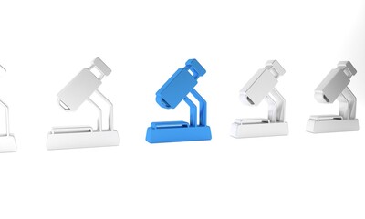 Blue Microscope icon isolated on white background. Chemistry, pharmaceutical instrument, microbiology magnifying tool. Minimalism concept. 3D render illustration