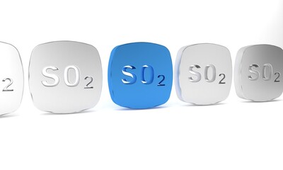 Blue Sulfur dioxide SO2 gas molecule icon isolated on white background. Structural chemical formula and molecule model. Minimalism concept. 3D render illustration