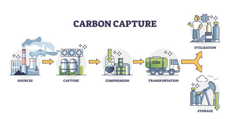 Carbon capture process with compression and transport for utilization outline concept, transparent background. Labeled educational steps and stages explanation.