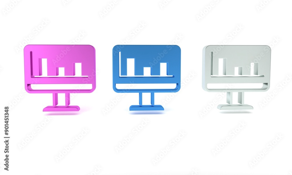 Poster colorful computer monitor with graph chart icon isolated on white background. report text file. acco