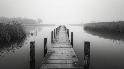 A serene, foggy scene featuring a narrow wooden dock extending into a calm, reflective body of water surrounded by reeds and bare trees