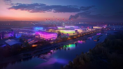 Renewable Energy Oasis Industrial Complex Awakens with Vibrant Interactive Holograms at Dawn