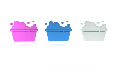 Colorful Plastic basin with soap suds icon isolated on white background. Bowl with water. Washing clothes, cleaning equipment. Minimalism concept. 3D render illustration