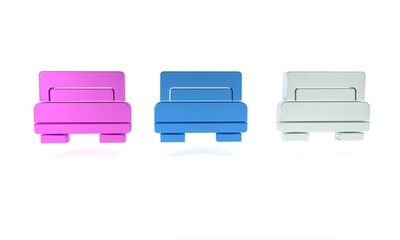 Colorful Hotel room bed icon isolated on white background. Minimalism concept. 3D render illustration