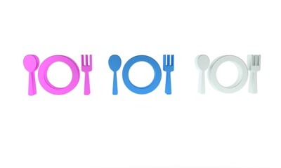 Colorful Plate, fork and knife icon isolated on white background. Cutlery symbol. Restaurant sign. Minimalism concept. 3D render illustration