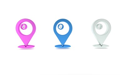 Colorful Map pointer with billiard pool snooker ball with number 8 icon isolated on white background. Minimalism concept. 3D render illustration