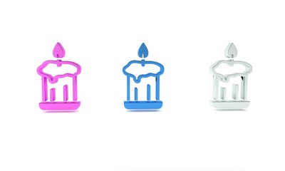 Colorful Burning candle in candlestick icon isolated on white background. Old fashioned lit candle. Cylindrical candle stick with burning flame. Minimalism concept. 3D render illustration