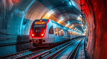 Naklejka premium Speeding through the Future HighTech Shuttle Train in LEDLit Tunnel