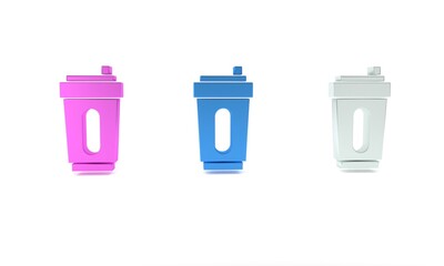 Colorful Sport bottle with water icon isolated on white background. Minimalism concept. 3D render illustration