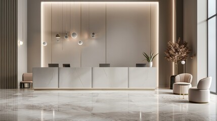 A large, modern lobby with a white wall and a tan floor