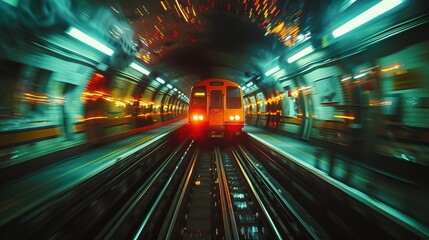 Fototapeta premium A vibrant and dynamic image captures the speeding motion of a subway train traveling through an illuminated underground tunnel filled with colorful, blurred lights