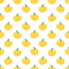 Fall harvest seamless pattern with  pumpkins and forest leaves. Isolated on white background. Design for wallpapers, digital paper. Autumn background