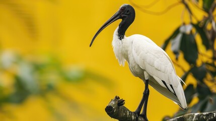 Bubulcus ibis perched on tree with yellow backdrop