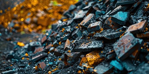 A visually captivating close-up of a pile of discarded, rusted metal scraps with a striking contrast between the decayed iron pieces and hints of vibrant color