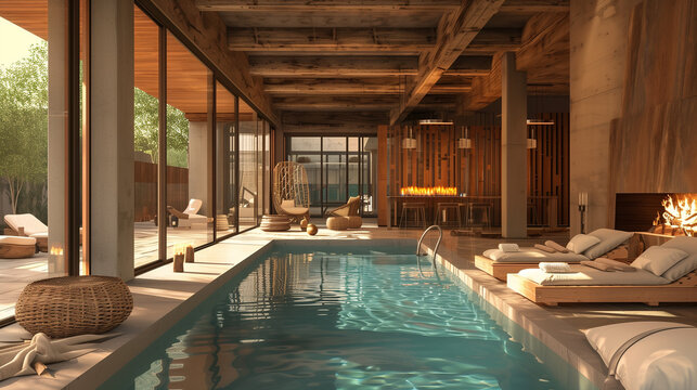 Modern architecture meets rustic accents with this interior, exterior common area with lap pool,fireplace and indoor and outdoor furniture. 3d rendering 