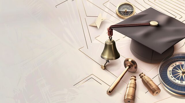 A stylish back to school banner featuring a graduation cap, a brass bell, and a set of high-quality compasses on a clean, light background with subtle geometric shapes. 