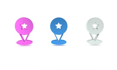 Colorful Map pointer with star icon isolated on white background. Star favorite pin map icon. Map markers. Minimalism concept. 3D render illustration
