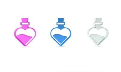 Colorful Bottle with love potion icon isolated on white background. Valentines day symbol. Minimalism concept. 3D render illustration