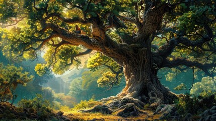 Large Chamchuri tree with a prominent trunk and elegant branches, adorned with lush foliage, creating a picturesque scene.