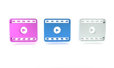 Colorful Play Video icon isolated on white background. Film strip sign. Minimalism concept. 3D render illustration