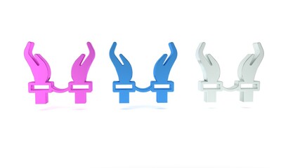 Colorful Handcuffs on hands of criminal man icon isolated on white background. Arrested man in handcuffs. A crime, arrest, business and corruption concept. Minimalism concept. 3D render illustration