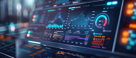 Obraz premium Explore a cutting-edge 3D financial dashboard showcasing holographic portfolio analysis in a modern office setting, ideal for tech-savvy professionals and investors.