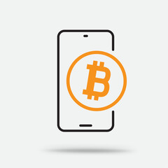 Crypto bitcoin in smartphone icon with shadow isolated on white background. Blockchain mobile payment concept sign symbol