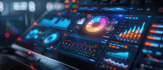 Obraz premium Explore a high-tech office featuring a holographic portfolio analysis on an advanced 3D financial dashboard, ideal for modern investment strategies.