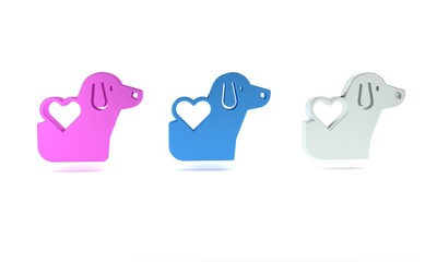 Colorful Heart with dog icon isolated on white background. Pet paw in heart. Love to the animals. Minimalism concept. 3D render illustration