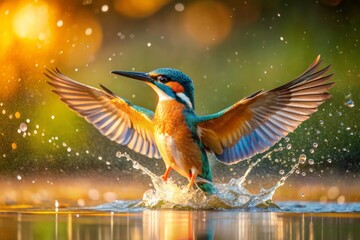 Obraz premium Vibrant female kingfisher breaks surface of serene lake, shimmering droplets on feathers, unsuccessful hunt evident in frustrated gaze, wings spread wide, morning sunlight dancing around.