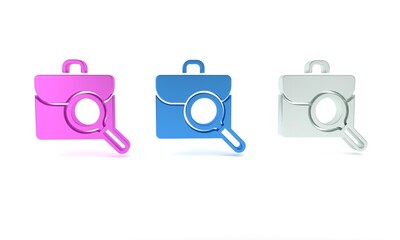 Colorful Magnifying glass with briefcase icon isolated on white background. Job hunting. Work search concept. Unemployment, head hunting, career. Minimalism concept. 3D render illustration