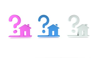 Colorful House with question mark icon isolated on white background. Housing problems, questions. Minimalism concept. 3D render illustration