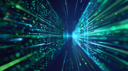 Obraz premium A blue and green light show with a long, curving line. The light show is made up of many small dots, creating a sense of movement and energy. Scene is dynamic and exciting