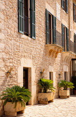 old street in Mallorca, typical stone houses, Spain