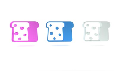 Colorful Bread toast for sandwich piece of roasted crouton icon isolated on white background. Lunch, dinner, breakfast snack. Minimalism concept. 3D render illustration