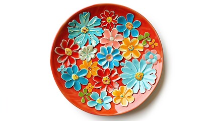 plate with flowers, top view on white background