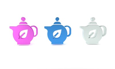 Colorful Teapot with leaf icon isolated on white background. Minimalism concept. 3D render illustration