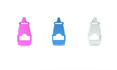 Colorful Sauce bottle icon isolated on white background. Ketchup, mustard and mayonnaise bottles with sauce for fast food. Minimalism concept. 3D render illustration
