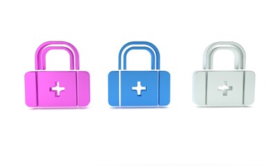 Colorful First aid kit icon isolated on white background. Medical box with cross. Medical equipment for emergency. Healthcare concept. Minimalism concept. 3D render illustration