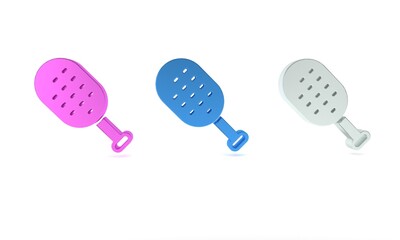Colorful Sauna brush icon isolated on white background. Wooden brush with coarse bristles for washing in the bath. Anti cellulite massage. Minimalism concept. 3D render illustration