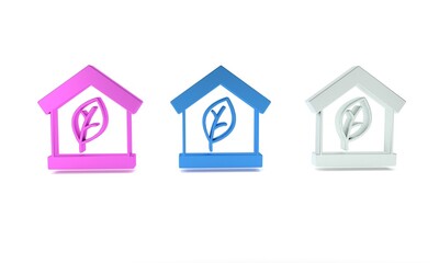 Colorful Eco friendly house icon isolated on white background. Eco house with leaf. Minimalism concept. 3D render illustration