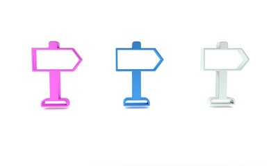 Colorful Road traffic sign. Signpost icon isolated on white background. Pointer symbol. Isolated street information sign. Direction sign. Minimalism concept. 3D render illustration